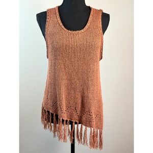 Boho‎ Fringe Knit Large Tank Top Rust Brown Asymmetrical Hem Festival Boho Style